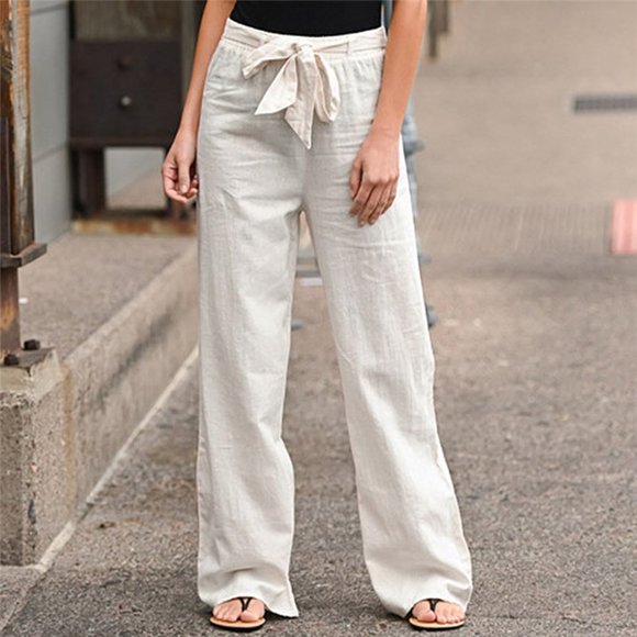 Linen Cotton Pants Solid Colors Elastic Waist with Belt, Wide Leg Multiple Sizes - Picture 3 of 6